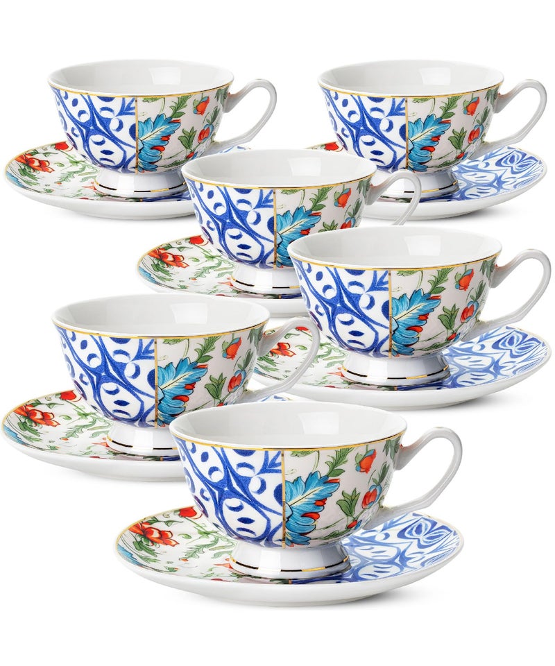BTaT Vintage Tea Cups and Saucers Set of 6 8 oz Porcelain Tea Cup Sets Indigo Bloom Floral Design Dishwasher Safe