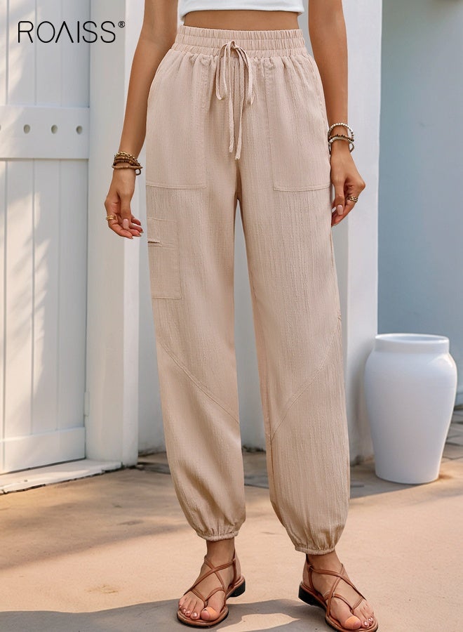roaiss High Waist Trousers for Women Textured Tapered Ankle Cigarette Pants Multi Pocket Design Linen Blend Breathable Fabric Resort Chic Comfort Waistband Versatile Premium Lightweight Apricot - Image 1