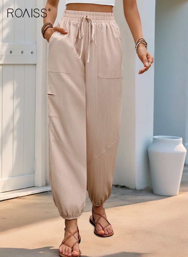 roaiss High Waist Trousers for Women Textured Tapered Ankle Cigarette Pants Multi Pocket Design Linen Blend Breathable Fabric Resort Chic Comfort Waistband Versatile Premium Lightweight Apricot - Image 3