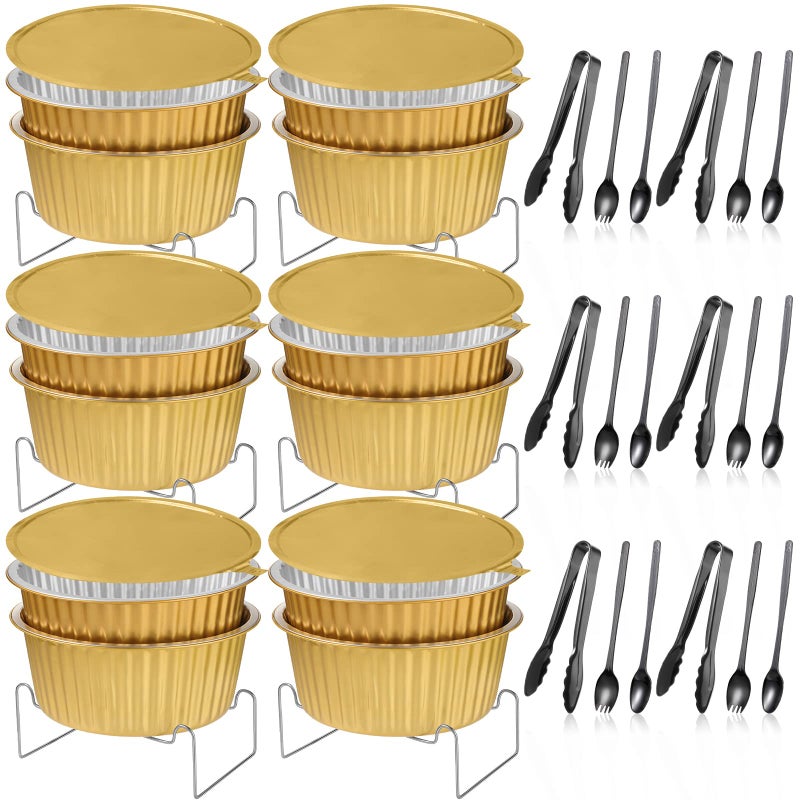 مجموعة 6 قطع من أطباق الشواء القابلة للتصرف مجموعة بوفيه حاملات الطعام الذهبية مع رفوف سلكية مجموعة أدوات تسخين الطعام لتقديم الطعام لوازم الحفلات تشمل أواني الشواء وأدوات التقديم مع حامل البوفيه