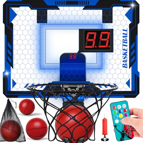 maysida Remote Control Basketball Hoop Indoor for KidsOver The Door Basketball Hoop with LED Light Scoreboard 4 Balls Air Pump Bag Mini Hoop Gift Sport Toy for Boys Girls 3 4 5 6 7 8 9 10 11 12 Blue - Image 1