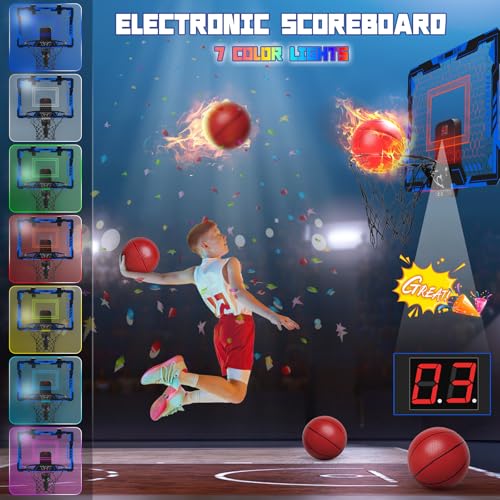 maysida Remote Control Basketball Hoop Indoor for KidsOver The Door Basketball Hoop with LED Light Scoreboard 4 Balls Air Pump Bag Mini Hoop Gift Sport Toy for Boys Girls 3 4 5 6 7 8 9 10 11 12 Blue - Image 5