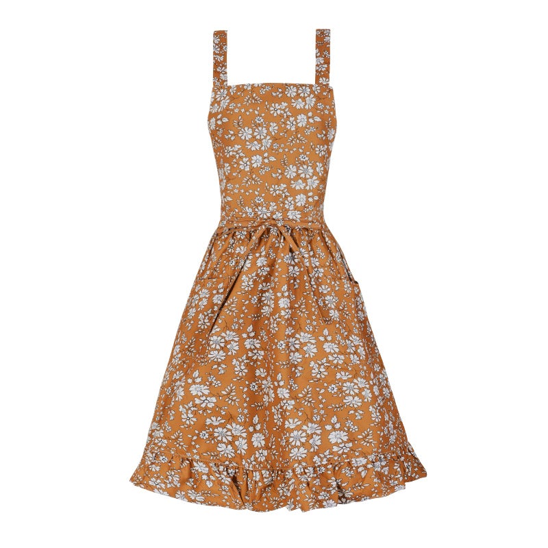 Pinknoke Vintage Pinafore Apron Dress for Women with Pockets Cute Floral Chef Aprons for Kitchen Cooking Baking Gardening Tawny