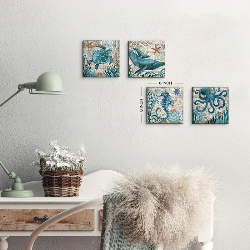 YOOOAHU Coastal Beach Wall Art for Living Room Sea Turtle Pictures Bathroom Wall Decor Teal Blue Nautical Themed Seahorse Canvas Painting Ocean Animal Whale Posters Bedroom Kitche Home Decoration 8x8" 4 - Image 5