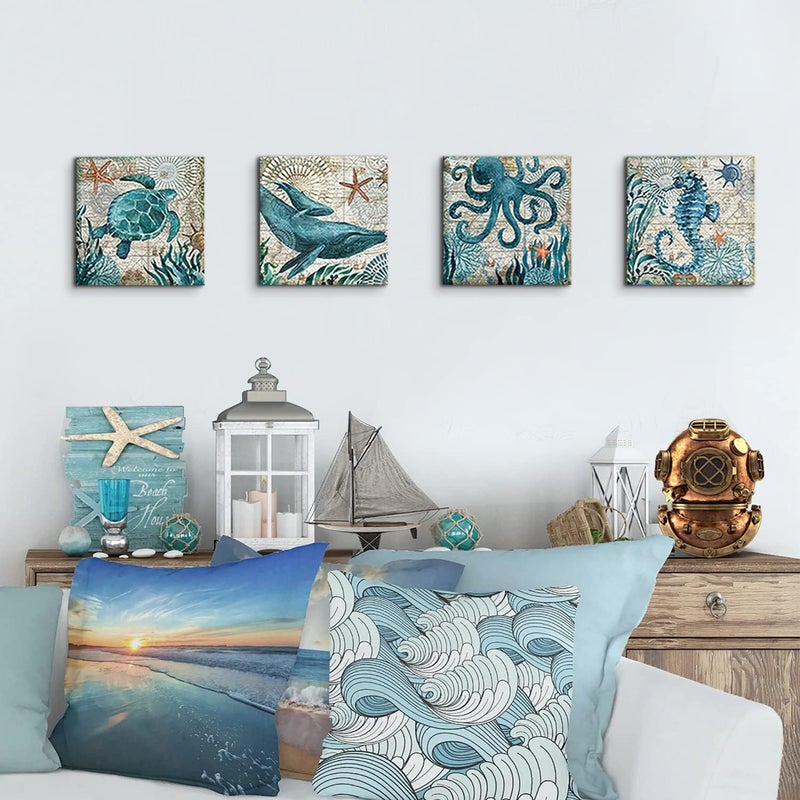 YOOOAHU Coastal Beach Wall Art for Living Room Sea Turtle Pictures Bathroom Wall Decor Teal Blue Nautical Themed Seahorse Canvas Painting Ocean Animal Whale Posters Bedroom Kitche Home Decoration 8x8" 4 - Image 2