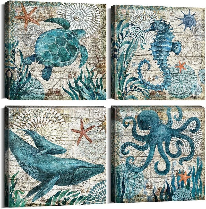 YOOOAHU Coastal Beach Wall Art for Living Room Sea Turtle Pictures Bathroom Wall Decor Teal Blue Nautical Themed Seahorse Canvas Painting Ocean Animal Whale Posters Bedroom Kitche Home Decoration 8x8" 4 - Image 1