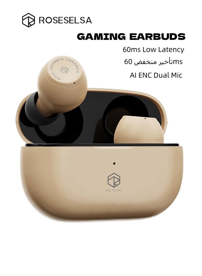 ROSESELSA Ceramics Gaming Earbuds, 60ms Low Latency Bluetooth 5.3 Wireless Earphones, AI ENC Dual Mic, 28H Playtime for PUBG, iPhone & Android - Image 1