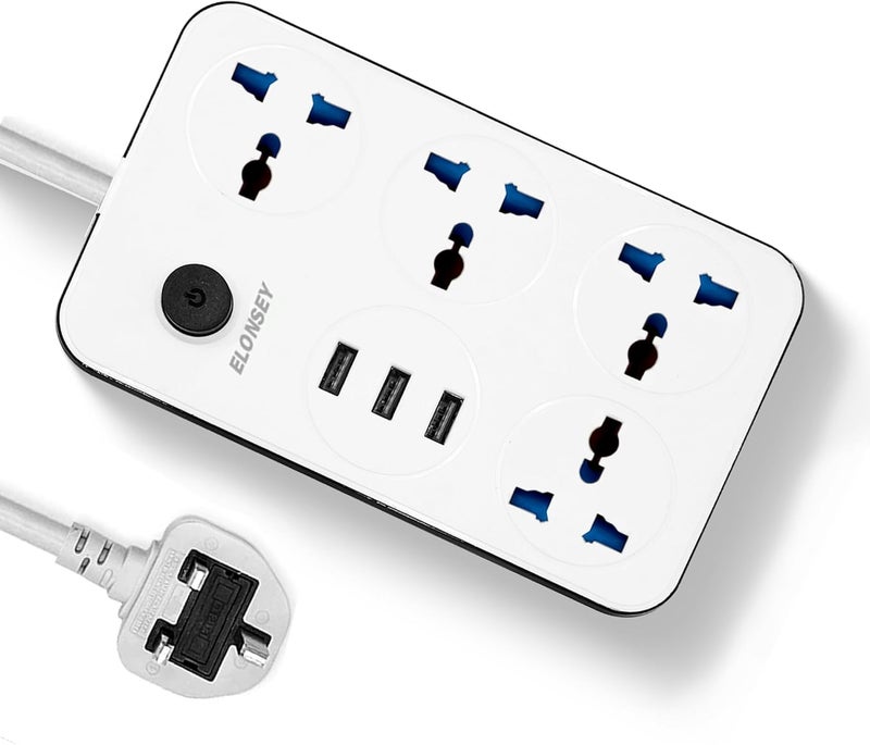 إيلونسي سلك تمديد طاقة عالمي من بطول 5 أمتار مع 4 مقابس طاقة و3 منافذ USB، شريط طاقة 4 منافذ مع فتحات شحن USB سريعة، سلك تمديد 5 أمتار - أبيض - Image 1