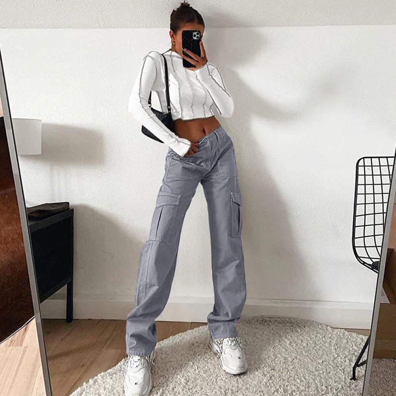 Lepunuo Cargo Pants for Women High Waisted Casual Pants Baggy Stretchy Wide Leg Y2K Streetwear with 6 Pockets Blue Grey - Image 5