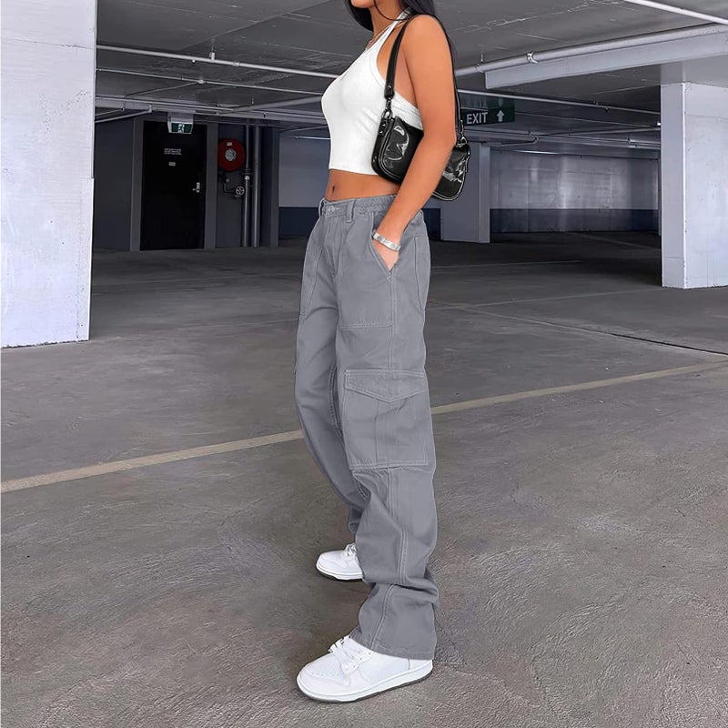 Lepunuo Cargo Pants for Women High Waisted Casual Pants Baggy Stretchy Wide Leg Y2K Streetwear with 6 Pockets Blue Grey - Image 3