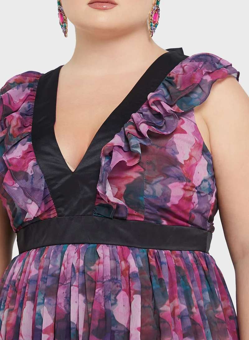 Anaya with Love Curve Printed Ruffle Detail Dress