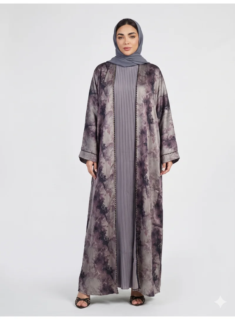 عباءات ريم Printed Abaya with Inner Plisse Dress & Matching Sheila