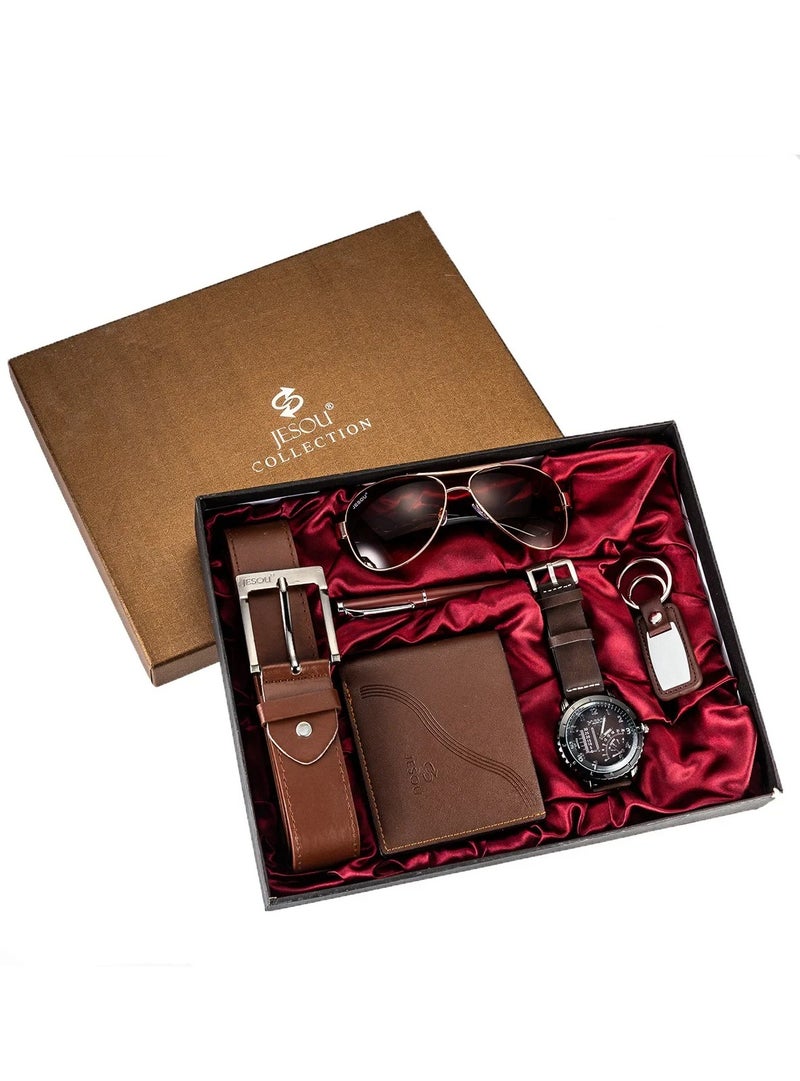 JESOU 6-in-1 Deluxe Gift Set Sunglasses Belt Wallet Keychain Signature Pen and Large Dial Quartz Watch - Image 1