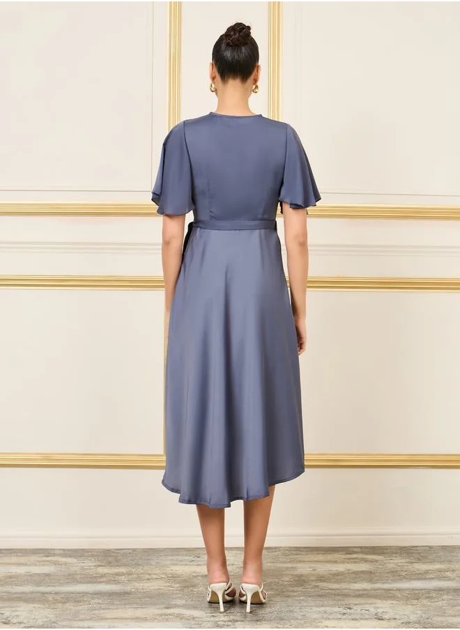Styli Satin Asymmetric Hem Wrap Midi Dress