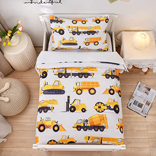 NTBED NTBED 4 Pieces Construction Toddler Bedding Set for Baby Boys Truck Vehicles Excavator Cars Printed Includes Comforter Flat Sheet Fitted Sheet and PillowcaseWhite 