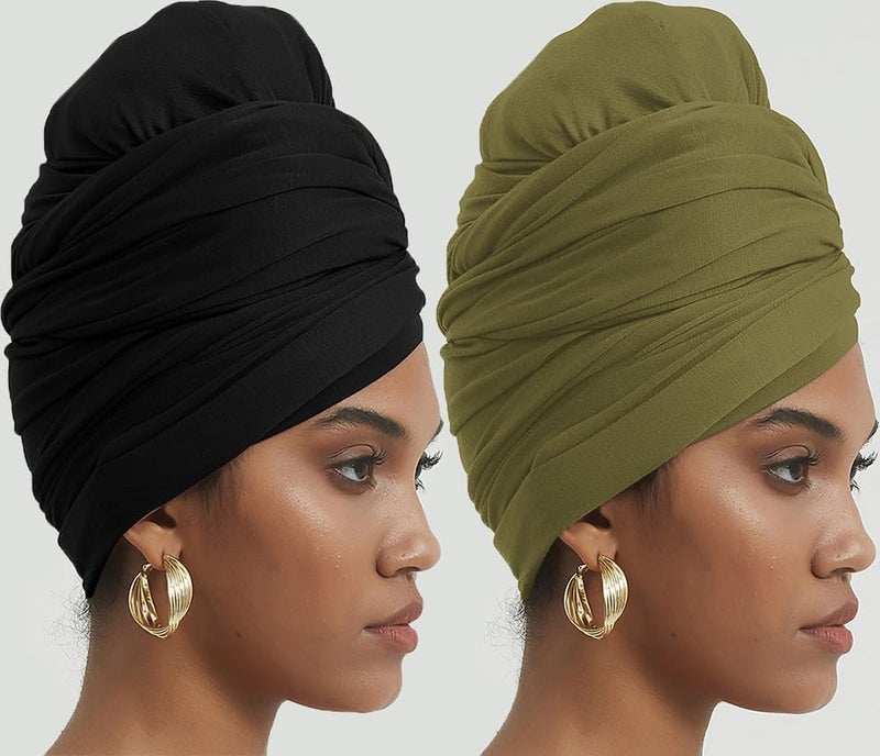 corciova Black Olive 2 Pcs Long Soft Head Wrap Turban Headband for Black Women Two Way Stretch Fashion African Head Covering Jersey Hijab Scarf - Image 2