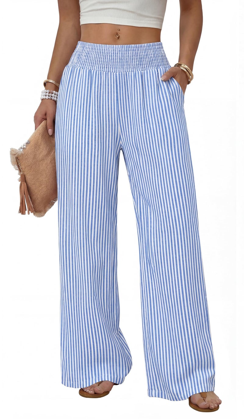 Sampeel Striped Wide Leg Linen Pants Woman Palazzo Trousers for Women with Pockets Flowy Summer Beach Vacation Outfits Spring Cruise Travel Fashion Clothing Dressy Casual Lounge Resort Wear Blue L - Image 1