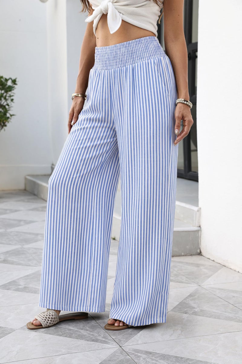 Sampeel Striped Wide Leg Linen Pants Woman Palazzo Trousers for Women with Pockets Flowy Summer Beach Vacation Outfits Spring Cruise Travel Fashion Clothing Dressy Casual Lounge Resort Wear Blue L - Image 3