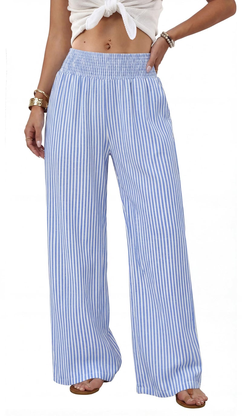Sampeel Striped Wide Leg Linen Pants Woman Palazzo Trousers for Women with Pockets Flowy Summer Beach Vacation Outfits Spring Cruise Travel Fashion Clothing Dressy Casual Lounge Resort Wear Blue L - Image 2