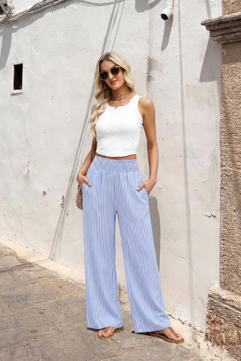 Sampeel Striped Wide Leg Linen Pants Woman Palazzo Trousers for Women with Pockets Flowy Summer Beach Vacation Outfits Spring Cruise Travel Fashion Clothing Dressy Casual Lounge Resort Wear Blue L - Image 5