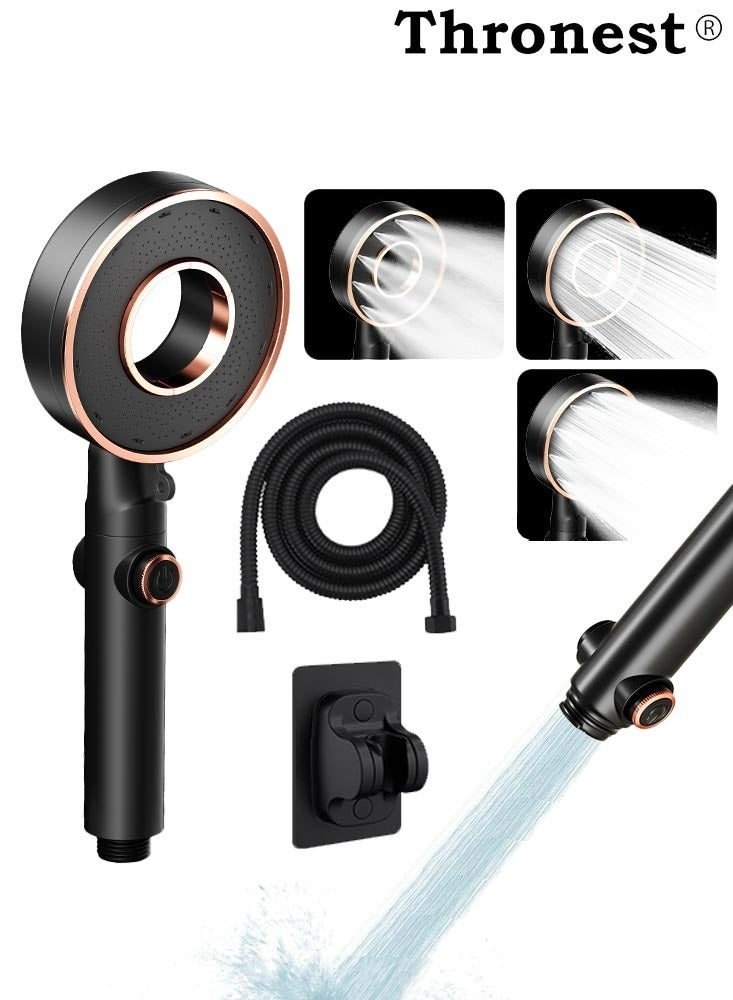 Thronest Donut Design High-Pressure Shower Set with 3-Speed & Water Saving Tech | 1-Touch Stop + 1.5M Hose & No-Drill Bracket，Black (Ideal for Saudi Water-Efficient Homes) - Image 1
