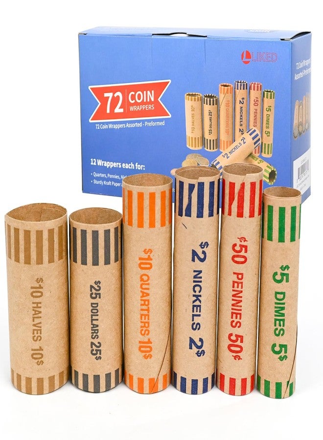L LIKED Preformed Coin Roll Wrappers (72 Assorted) -12 Quarters, 12 Pennies, 12 Nickels 12 Dimes, 12 Dollars and 12 Halves (72 pcs) - Image 1