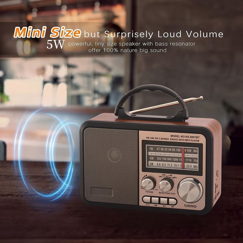 Red Brown Retro Wireless Speaker AM FM Radio MP3 Player Portable Clock Bluetooth TWS - Image 5
