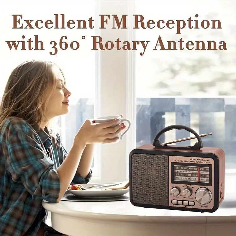 Red Brown Retro Wireless Speaker AM FM Radio MP3 Player Portable Clock Bluetooth TWS - Image 4