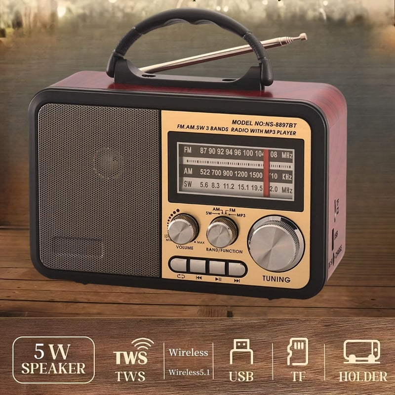 Red Brown Retro Wireless Speaker AM FM Radio MP3 Player Portable Clock Bluetooth TWS - Image 3