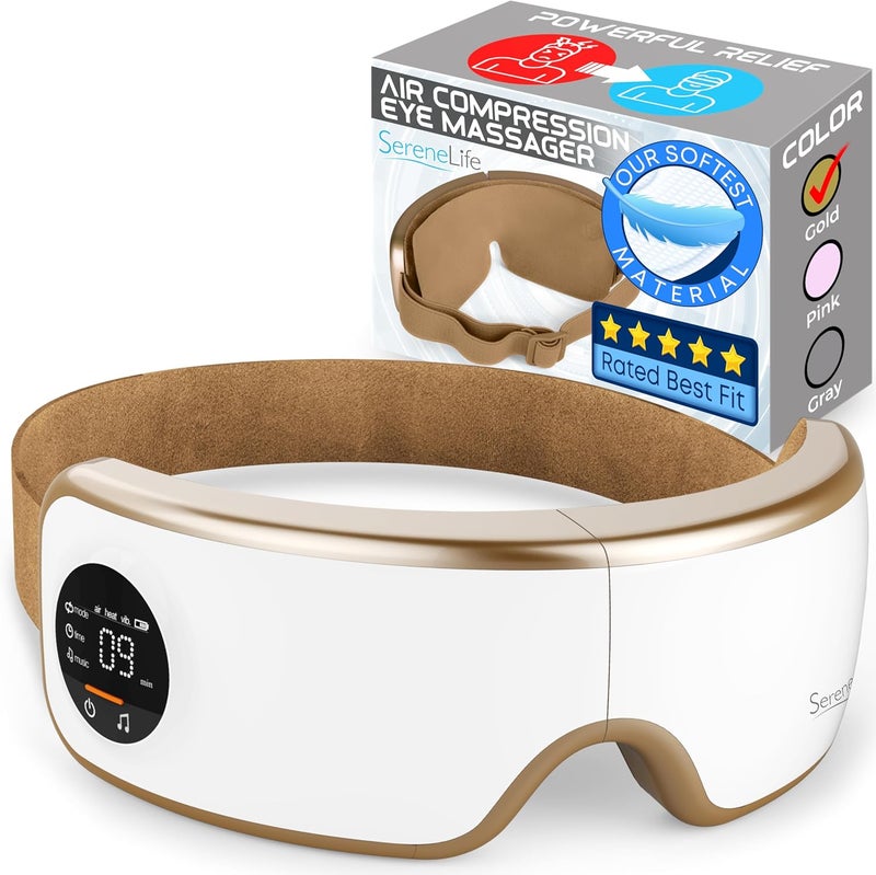 SereneLife SereneLife Smart Eye Massager with Heat and Compression, Vibration, Music, Wireless Heated Mask for Migraines and Stress Therapy (Gold V2 Soft Fit) 