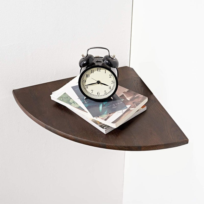 Conamily Corner Shelf, Solid Oak Wood Floating Corner Shelf Wall Mount Round End Floating Speaker with Wire Hole for Small Plant Photo for Bedroom Kitchen, Living Room Walnut - Image 1