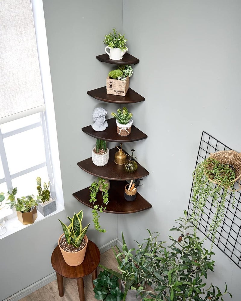 Conamily Corner Shelf, Solid Oak Wood Floating Corner Shelf Wall Mount Round End Floating Speaker with Wire Hole for Small Plant Photo for Bedroom Kitchen, Living Room Walnut - Image 2