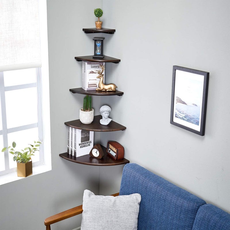 Conamily Corner Shelf, Solid Oak Wood Floating Corner Shelf Wall Mount Round End Floating Speaker with Wire Hole for Small Plant Photo for Bedroom Kitchen, Living Room Walnut - Image 3
