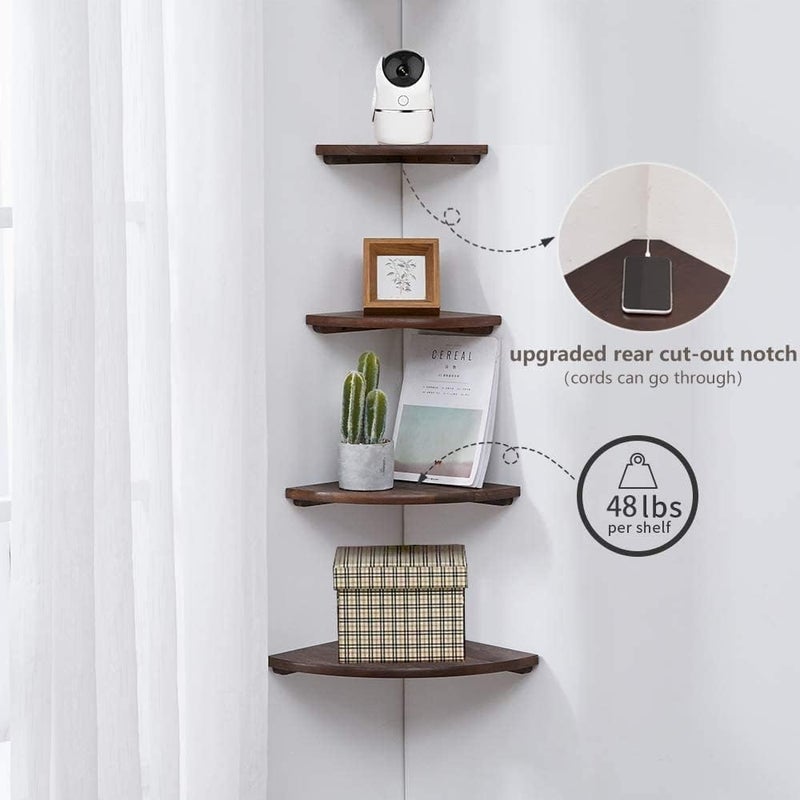 Conamily Corner Shelf, Solid Oak Wood Floating Corner Shelf Wall Mount Round End Floating Speaker with Wire Hole for Small Plant Photo for Bedroom Kitchen, Living Room Walnut - Image 4