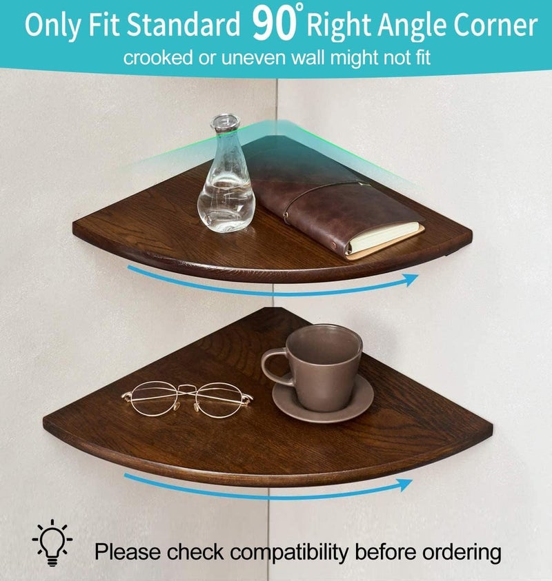 Conamily Corner Shelf, Solid Oak Wood Floating Corner Shelf Wall Mount Round End Floating Speaker with Wire Hole for Small Plant Photo for Bedroom Kitchen, Living Room Walnut - Image 5