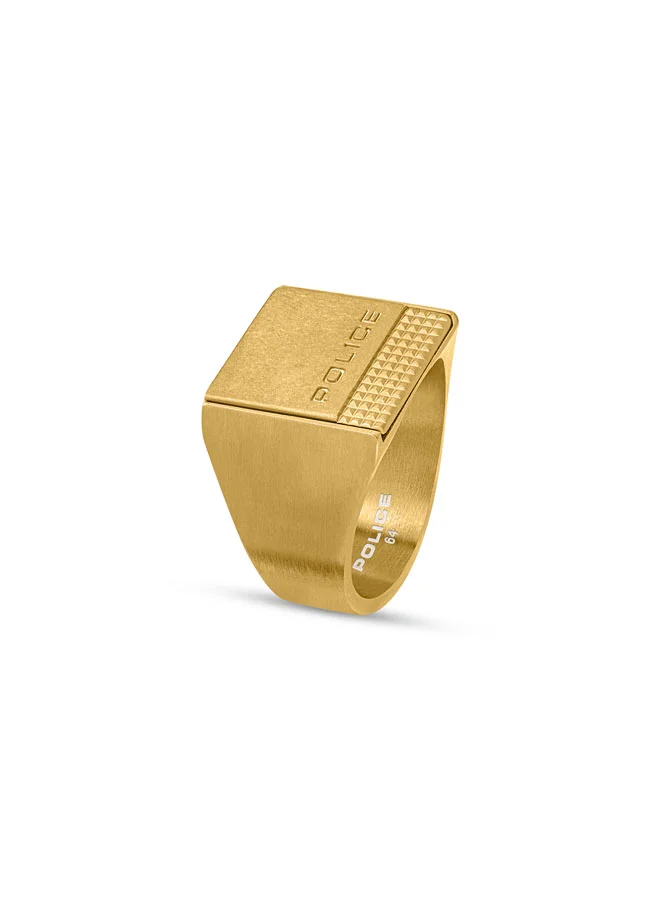 POLICE Identity Ring  Brushed Antique IP Gold Stainless Steel Signet with Etched Logo and Textured Studded Detail