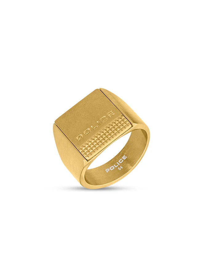 POLICE Identity Ring  Brushed Antique IP Gold Stainless Steel Signet with Etched Logo and Textured Studded Detail