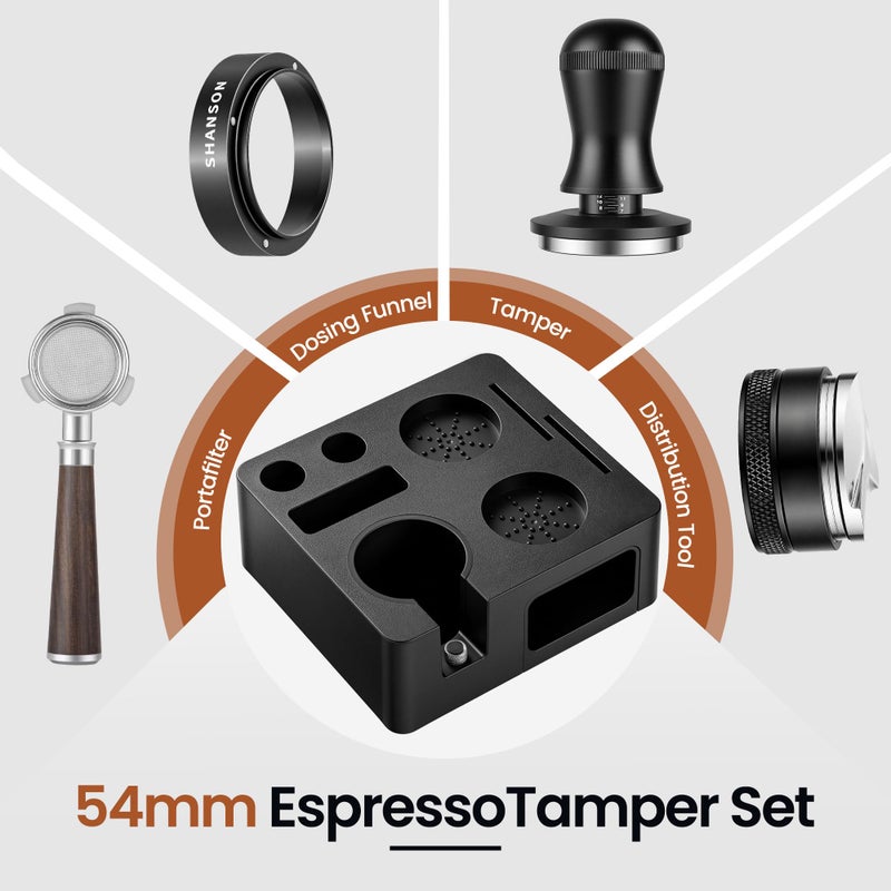 ShanSon Espresso Accessories Kit with Station,54mm Compact Espresso Tamper Set,Espresso Tamper, Distributor, Bottomless Portafilter, Dosing Funnel,Station - Image 2