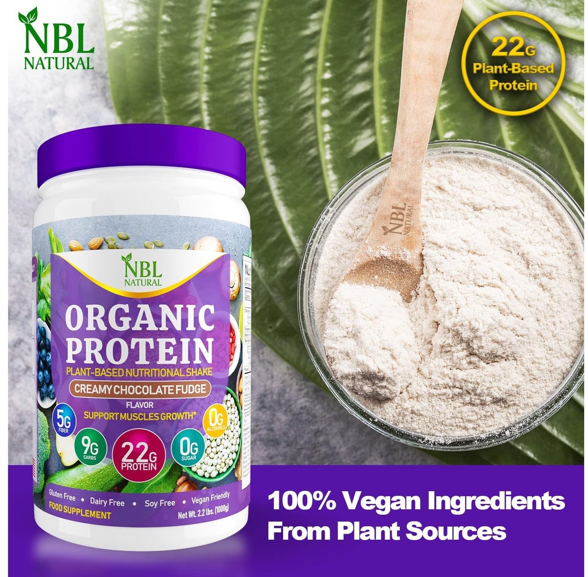 Nbl Natural Plant Based Organic Protein Powder Creamy Chocolate Fudge 2.2 Lb 25 Servings