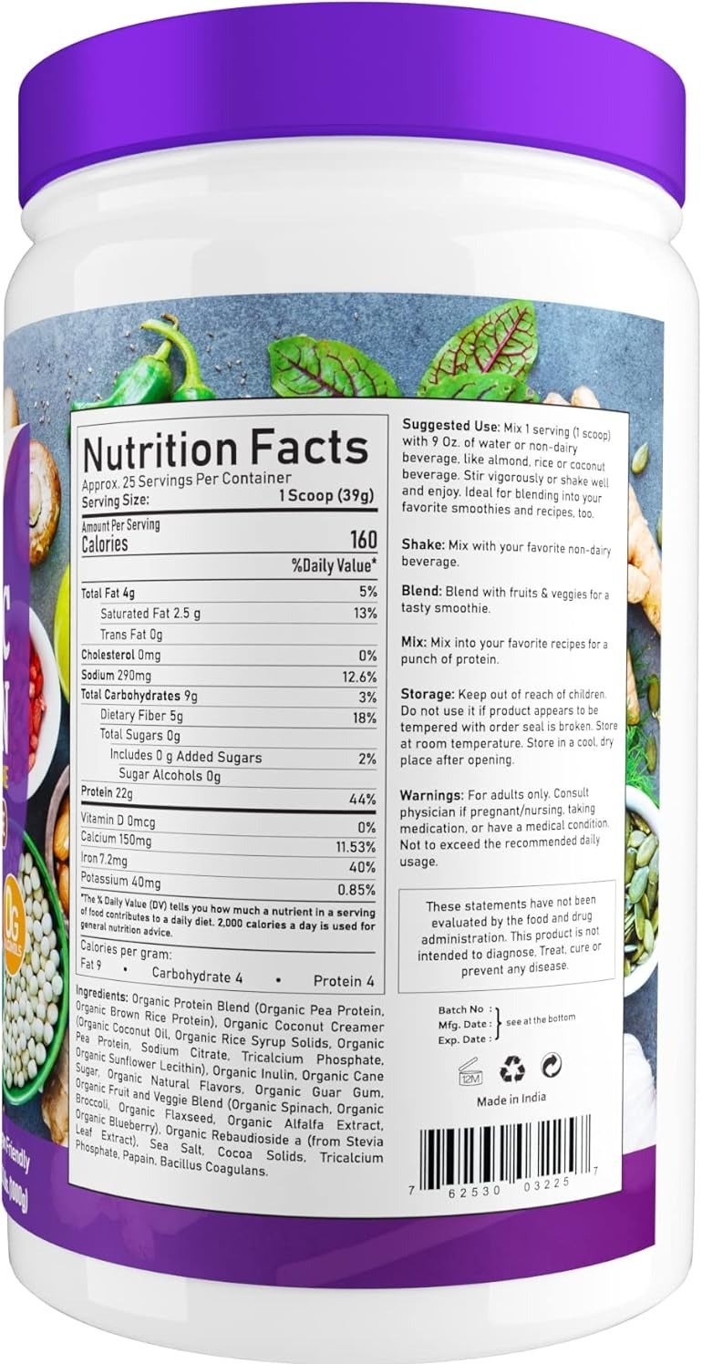 Nbl Natural Plant Based Organic Protein Powder Creamy Chocolate Fudge 2.2 Lb 25 Servings