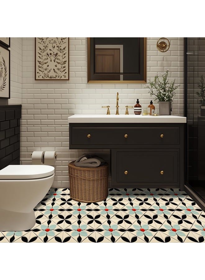 HOMETITUTE 10 قطع بلاط أرضيات زهور حمراء مركز بتلات زرقاء 12x12 بوصة قابلة للإزالة ذاتية اللصق للتزيين المنزلي في المطبخ والحمام وغرفة المعيشة ومدخل المنزل - Image 4