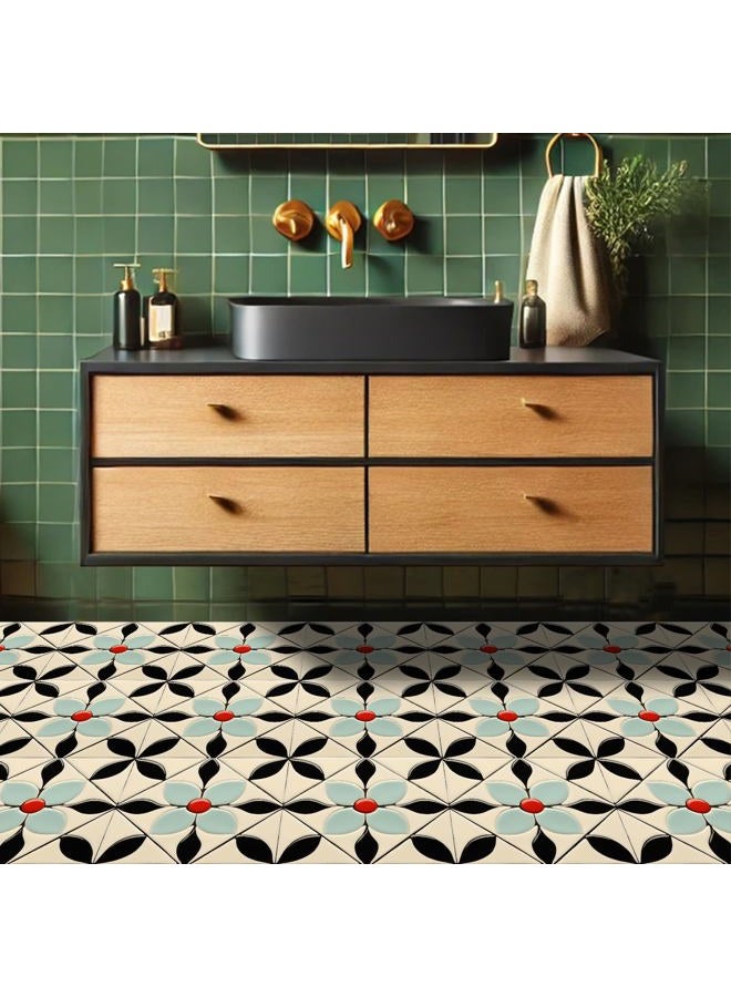 HOMETITUTE 10 قطع بلاط أرضيات زهور حمراء مركز بتلات زرقاء 12x12 بوصة قابلة للإزالة ذاتية اللصق للتزيين المنزلي في المطبخ والحمام وغرفة المعيشة ومدخل المنزل - Image 5