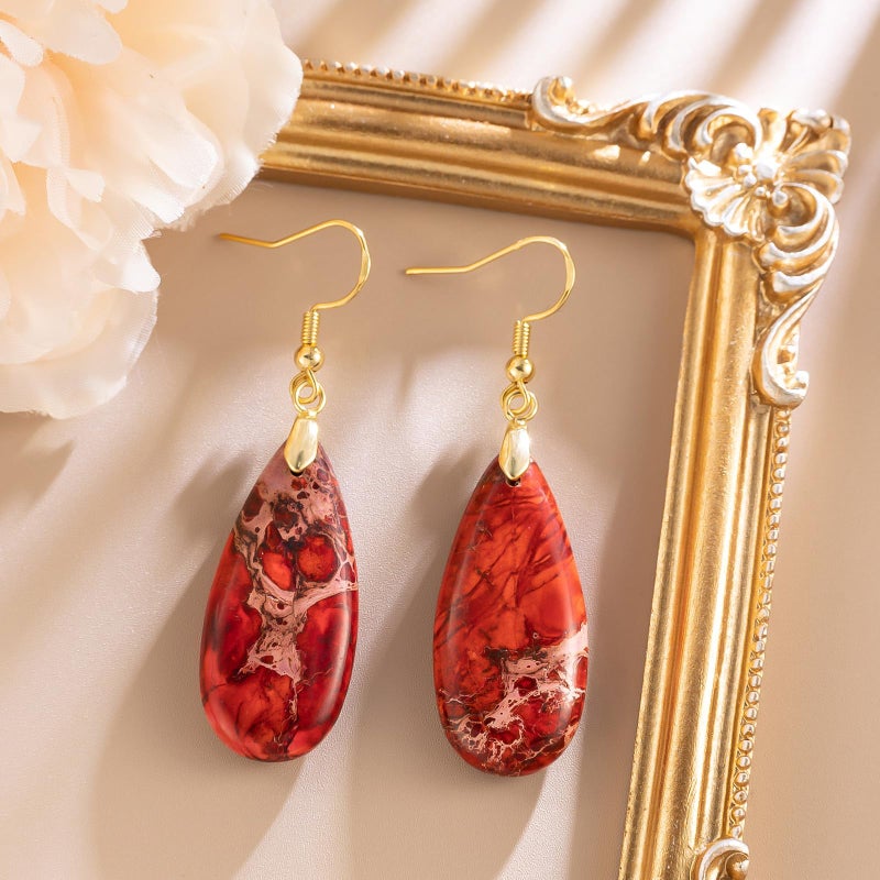 HAISWET Red Stone Drop Earrings for Women Teardrop Created Imperial Jasper Dangle Drop Earrings - Image 2