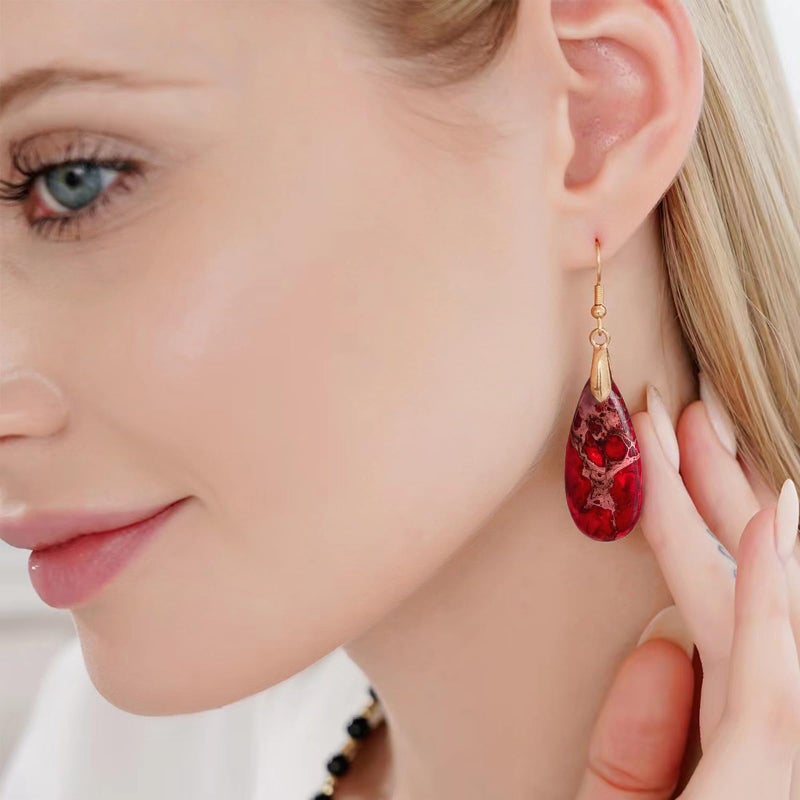 HAISWET Red Stone Drop Earrings for Women Teardrop Created Imperial Jasper Dangle Drop Earrings - Image 3