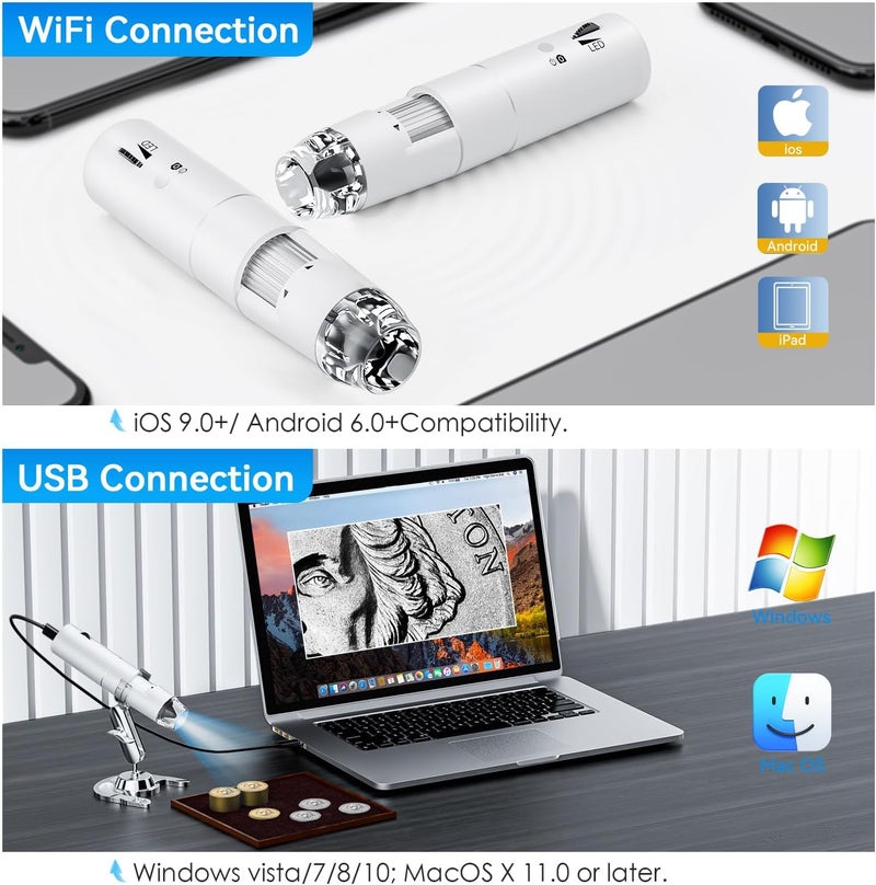 Skybasic Wireless Digital Microscope, 50X-1000X Magnification WiFi Pocket Handheld Microscopes with Stand HD USB Microscope Camera Compatible with iPhone Android iPad Windows Mac Computer (White) - Image 2