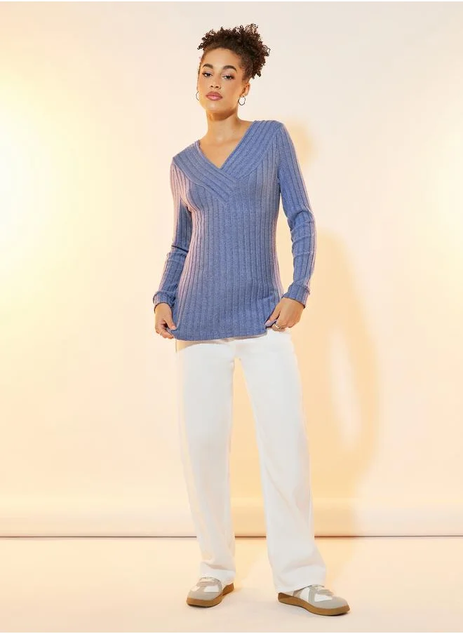 Styli V Neck Rib Knit Top