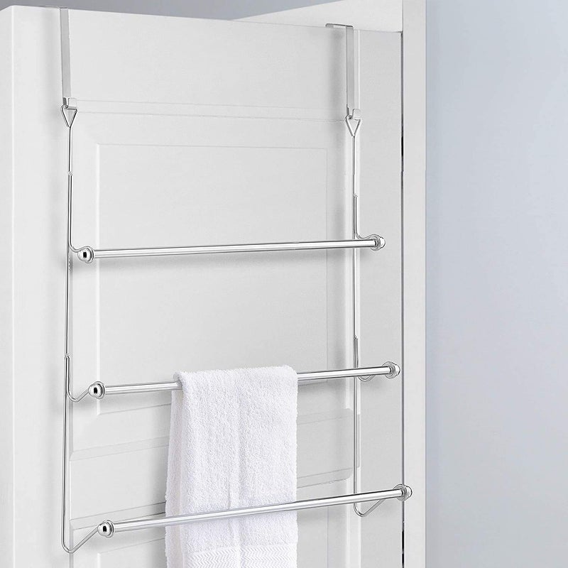 MyGift 3 Tier Silver Metal Over The Door Bathroom Towel Rack Small Space Extra Storage Towel Bar Hanger