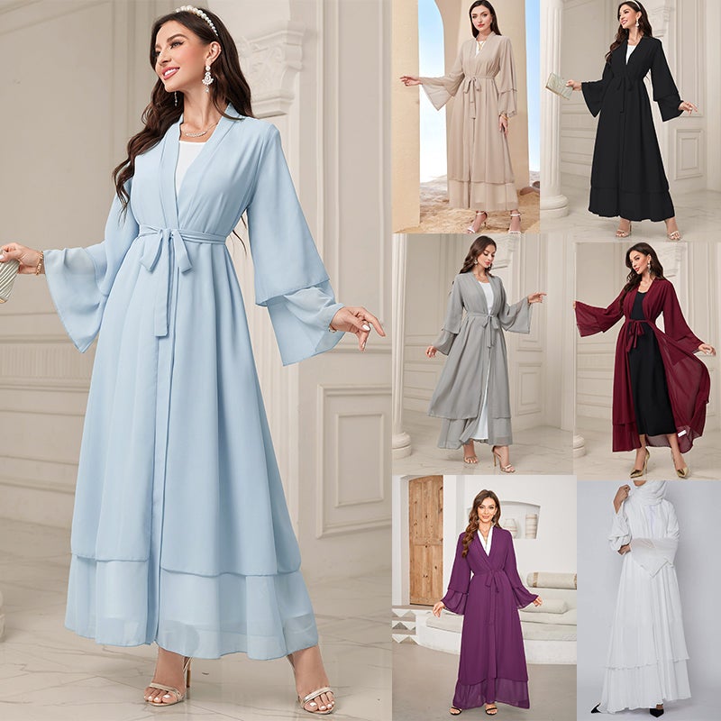 MSL4 Modest Abaya Double-Layer Chiffon Belted Open Front Ramadan - Image 2