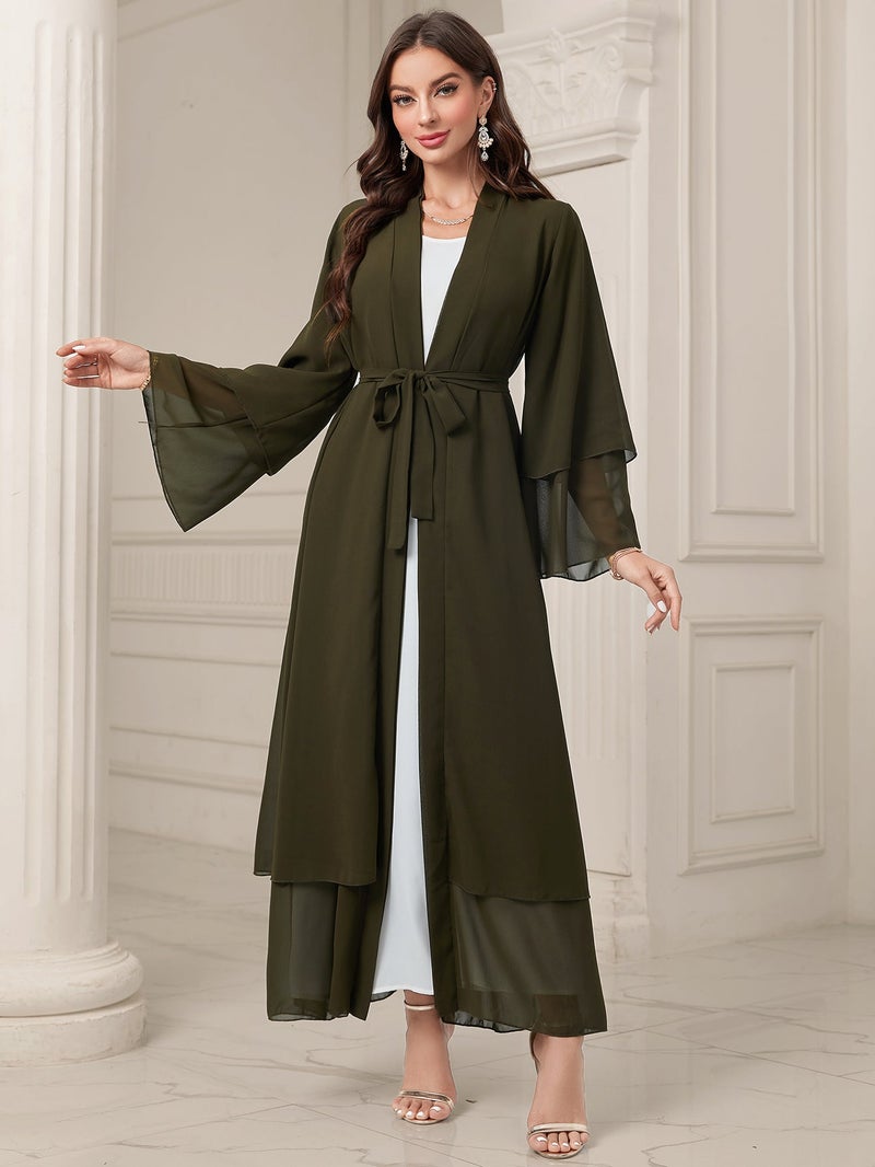MSL4 Modest Abaya Double-Layer Chiffon Belted Open Front Ramadan - Image 1
