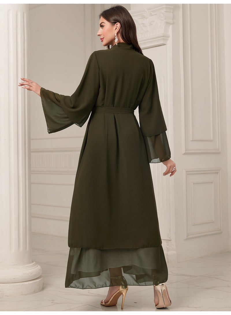 MSL4 Modest Abaya Double-Layer Chiffon Belted Open Front Ramadan - Image 4